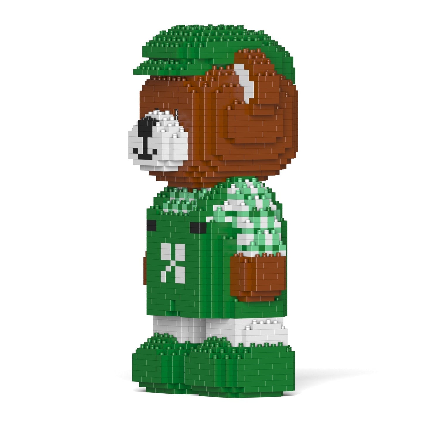Brown blocky bear wearing a green cap, plaid shirt, and overalls with a white X, holding a cup