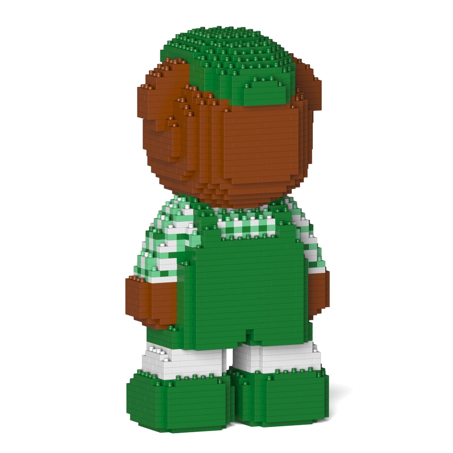Brown block figure wearing green overalls, a green and white checked shirt, and a green cap