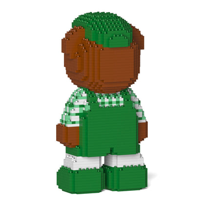 Brown block figure wearing green overalls, a green and white checked shirt, and a green cap