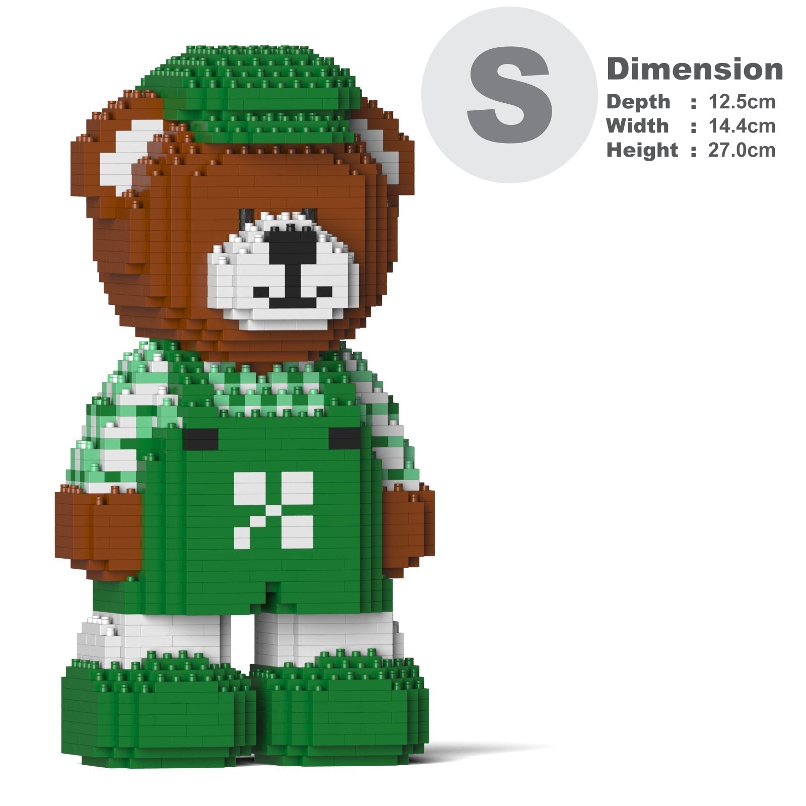 Small brown block-built bear figure wearing a green hat, striped shirt, and green overalls with white 'X' design. Dimensions shown