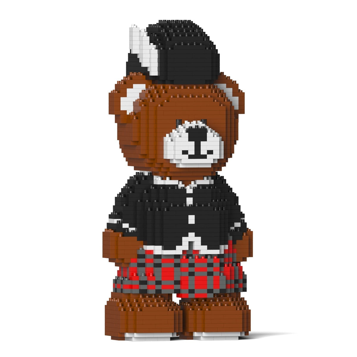 Voxel art brown bear block figure wearing a black jacket, red plaid kilt, and black hat