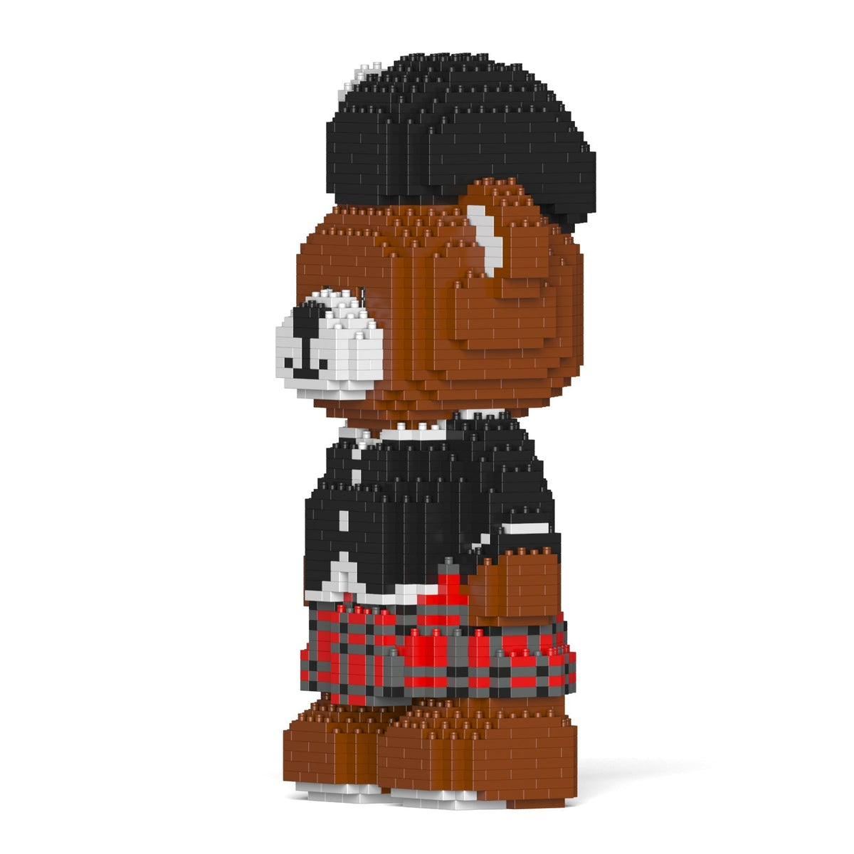 A block-built brown bear in profile, wearing a black hat, black jacket, and red plaid kilt