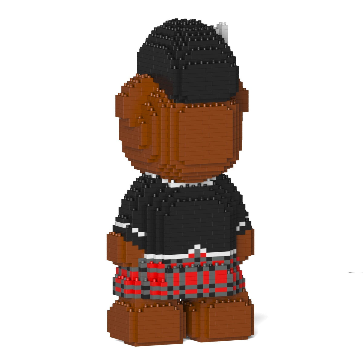 Brown block figure wearing a black cap, black shirt with white stripes, and a red plaid kilt