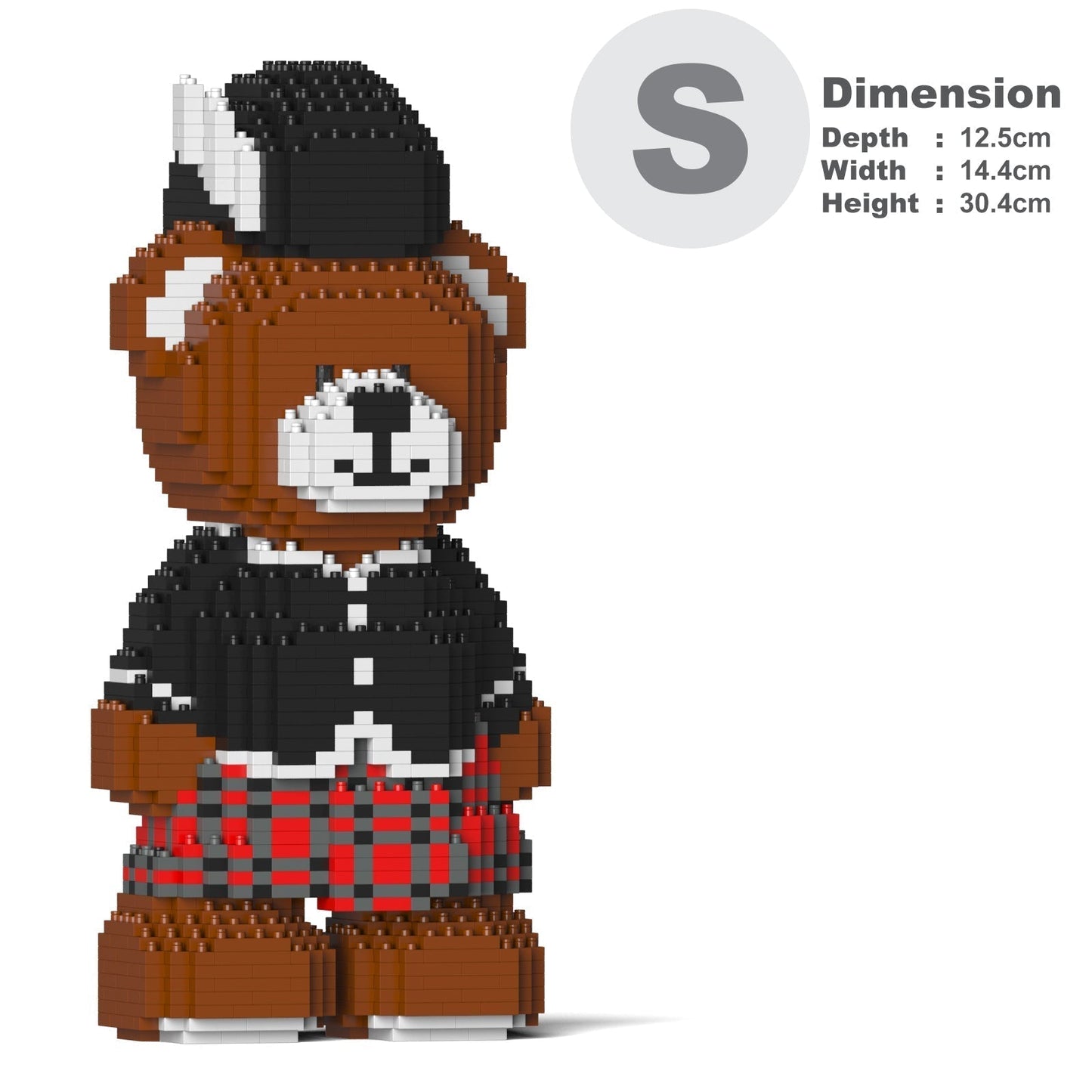 A brown block-built teddy bear wears a black hat, black tuxedo jacket, and a red and black plaid kilt. Size S with dimensions