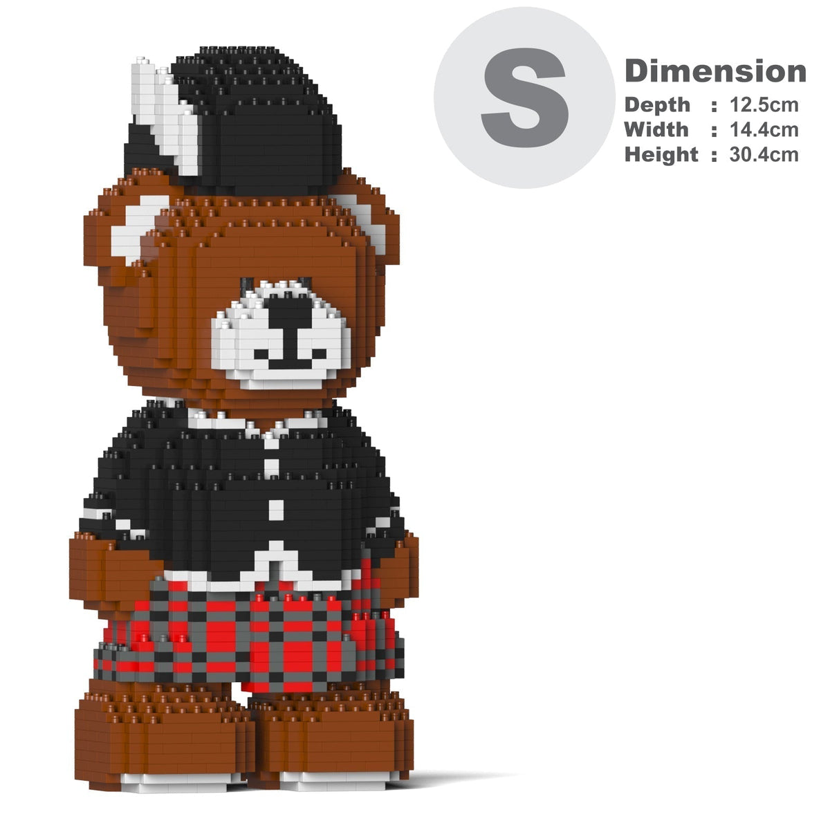 A brown block-built teddy bear wears a black hat, black tuxedo jacket, and a red and black plaid kilt. Size S with dimensions