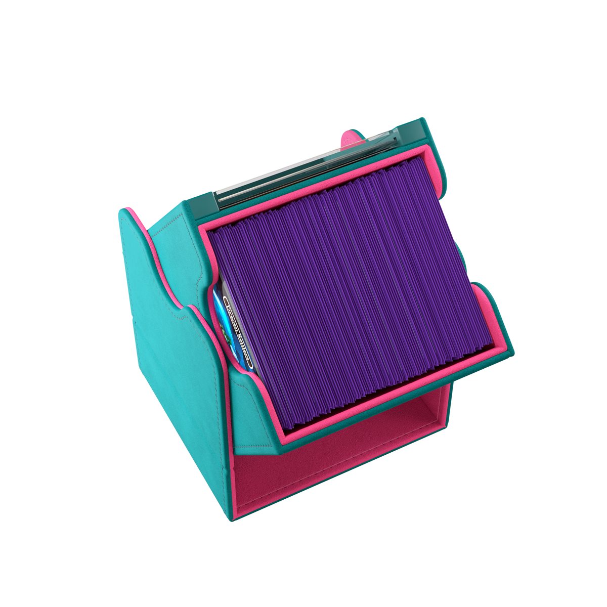Teal and pink deck box open at an angle, showing purple-sleeved cards and storage slots