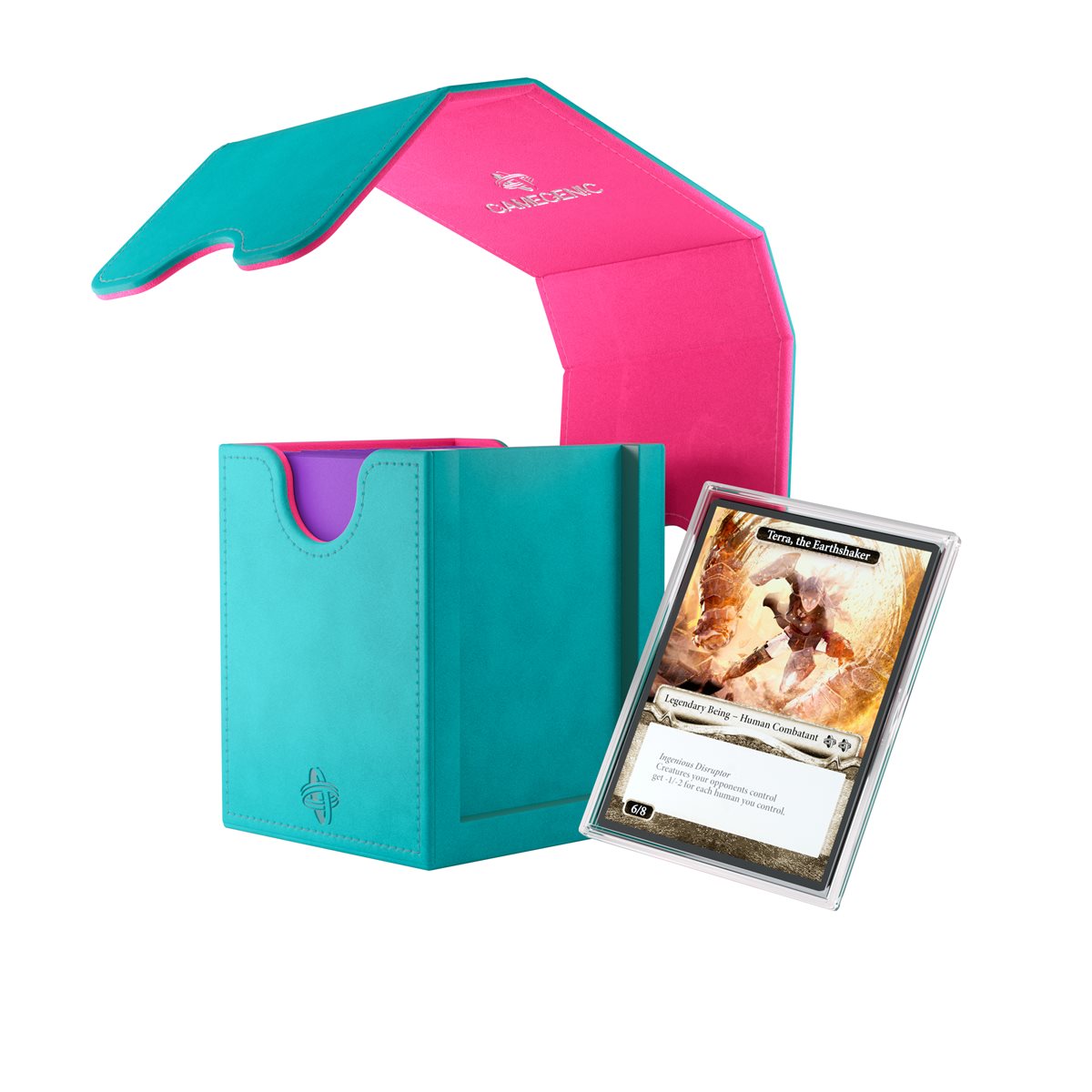 Open teal and pink deck box with a trading card titled “Terra, the Earthshaker” in front