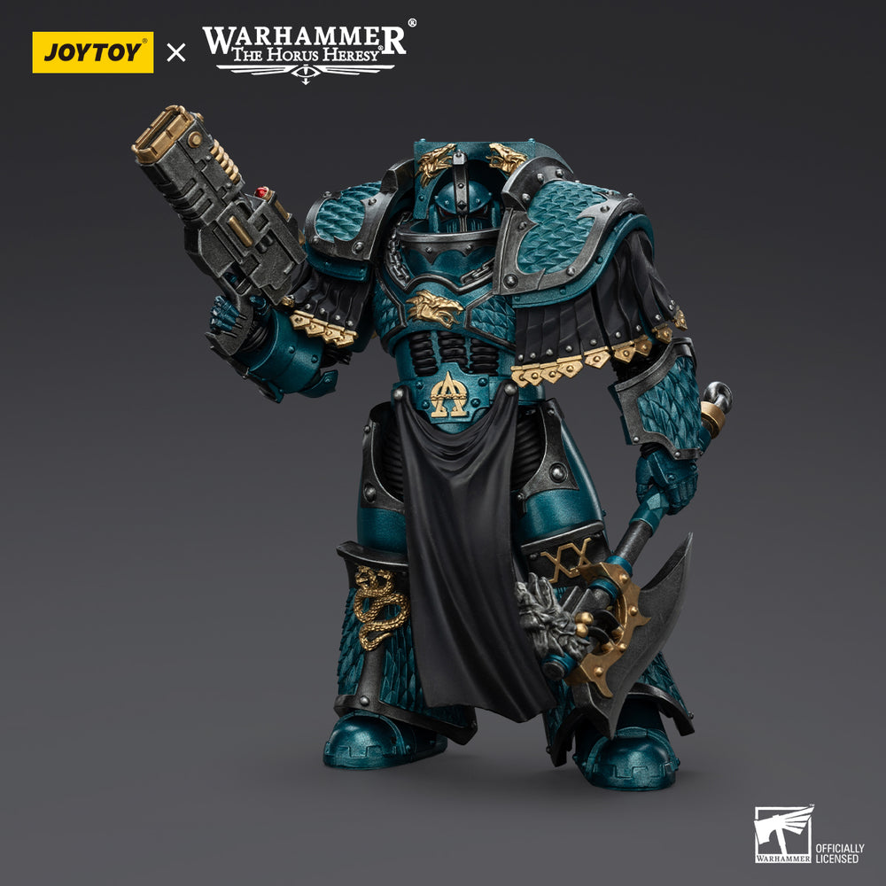 Joytoy Warhammer Horus Heresy action figure: a heavily armored teal and gold Terminator wielding a rifle and axe