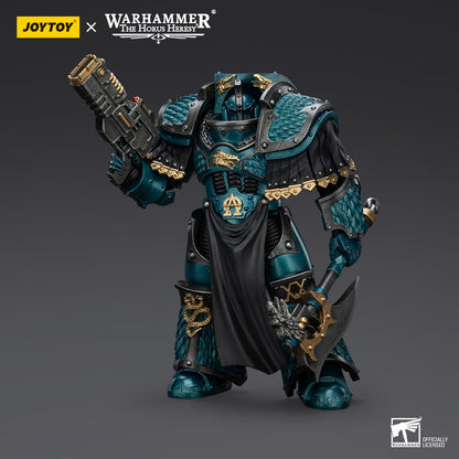 Joytoy Warhammer Horus Heresy action figure: a heavily armored teal and gold Terminator wielding a rifle and axe