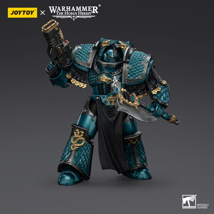 JoyToy Warhammer Horus Heresy Alpha Legion Space Marine figure in teal scaled armor, holding a rifle and axe