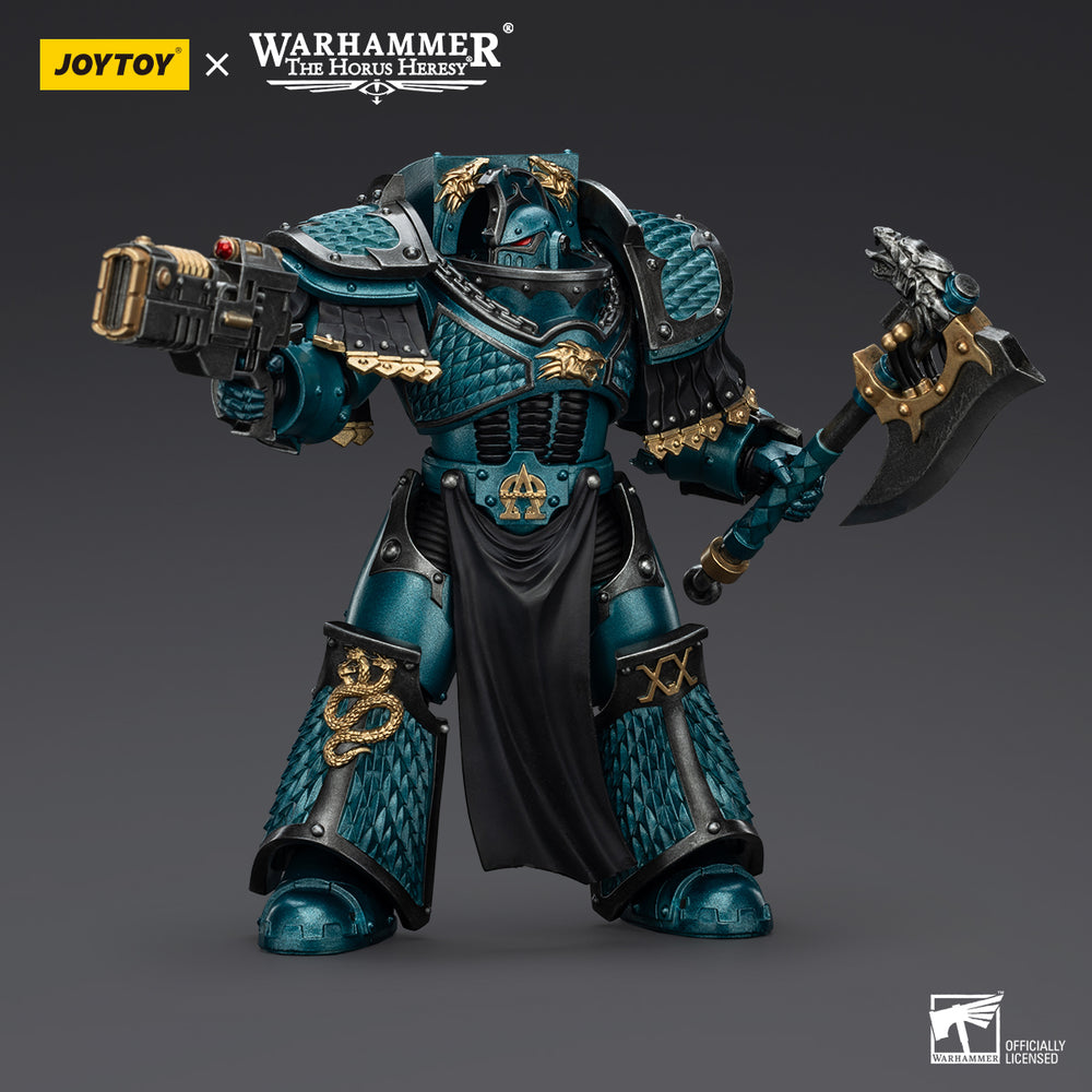 JoyToy Warhammer Horus Heresy Alpha Legion action figure in teal scale armor, holding a futuristic gun and a battle axe