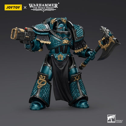 JoyToy Warhammer Horus Heresy Alpha Legion action figure in teal scale armor, holding a futuristic gun and a battle axe