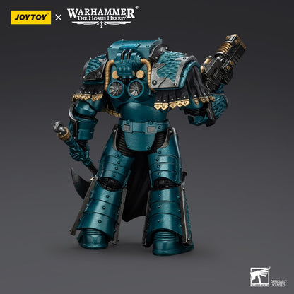 JoyToy Warhammer Horus Heresy Space Marine figure in metallic teal armor, holding a futuristic gun and axe