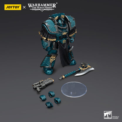 Joytoy Warhammer Horus Heresy action figure of a teal and gold armored Space Marine with weapons and accessories