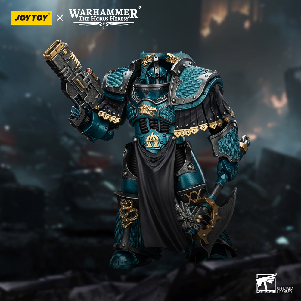 Detailed teal & gold armored Space Marine figure from Warhammer The Horus Heresy, wielding a boltgun & axe