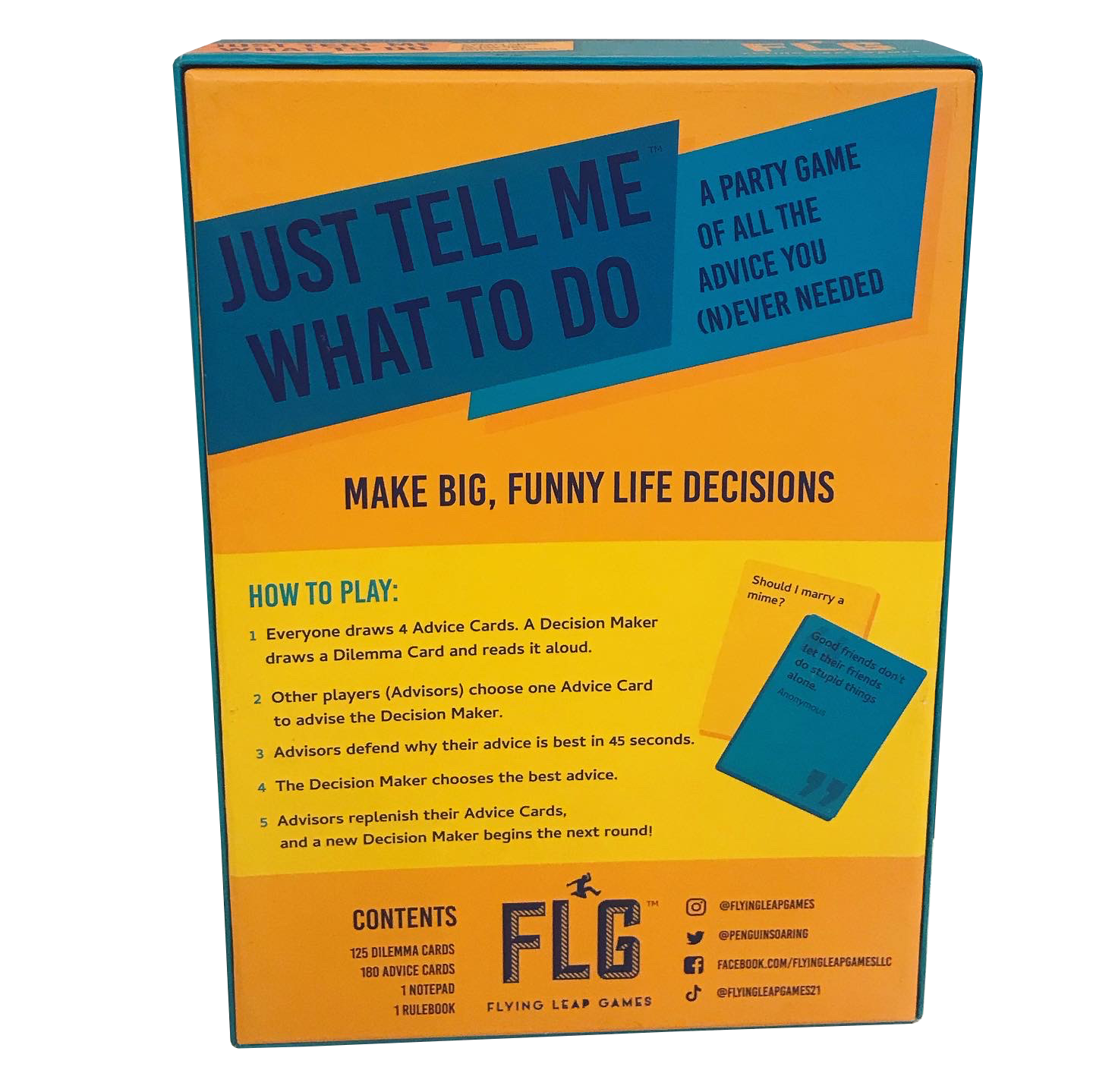 The orange and blue Just Tell Me What To Do Card Game box displays gameplay instructions, contents list, and example dilemma and advice cards
