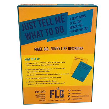 The orange and blue Just Tell Me What To Do Card Game box displays gameplay instructions, contents list, and example dilemma and advice cards