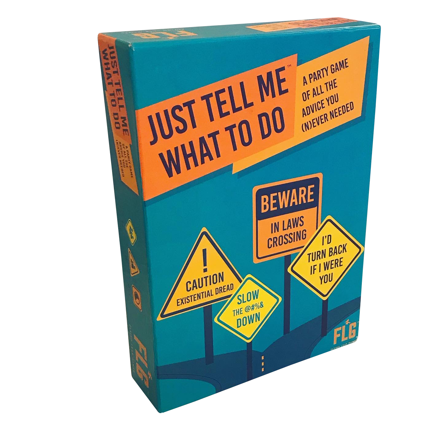 Teal Just Tell Me What To Do Card Game box with an orange diagonal banner and humorous road signs like Beware In Laws Crossing and Caution Existential Dread