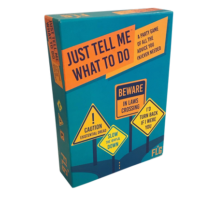 Teal Just Tell Me What To Do Card Game box with an orange diagonal banner and humorous road signs like Beware In Laws Crossing and Caution Existential Dread