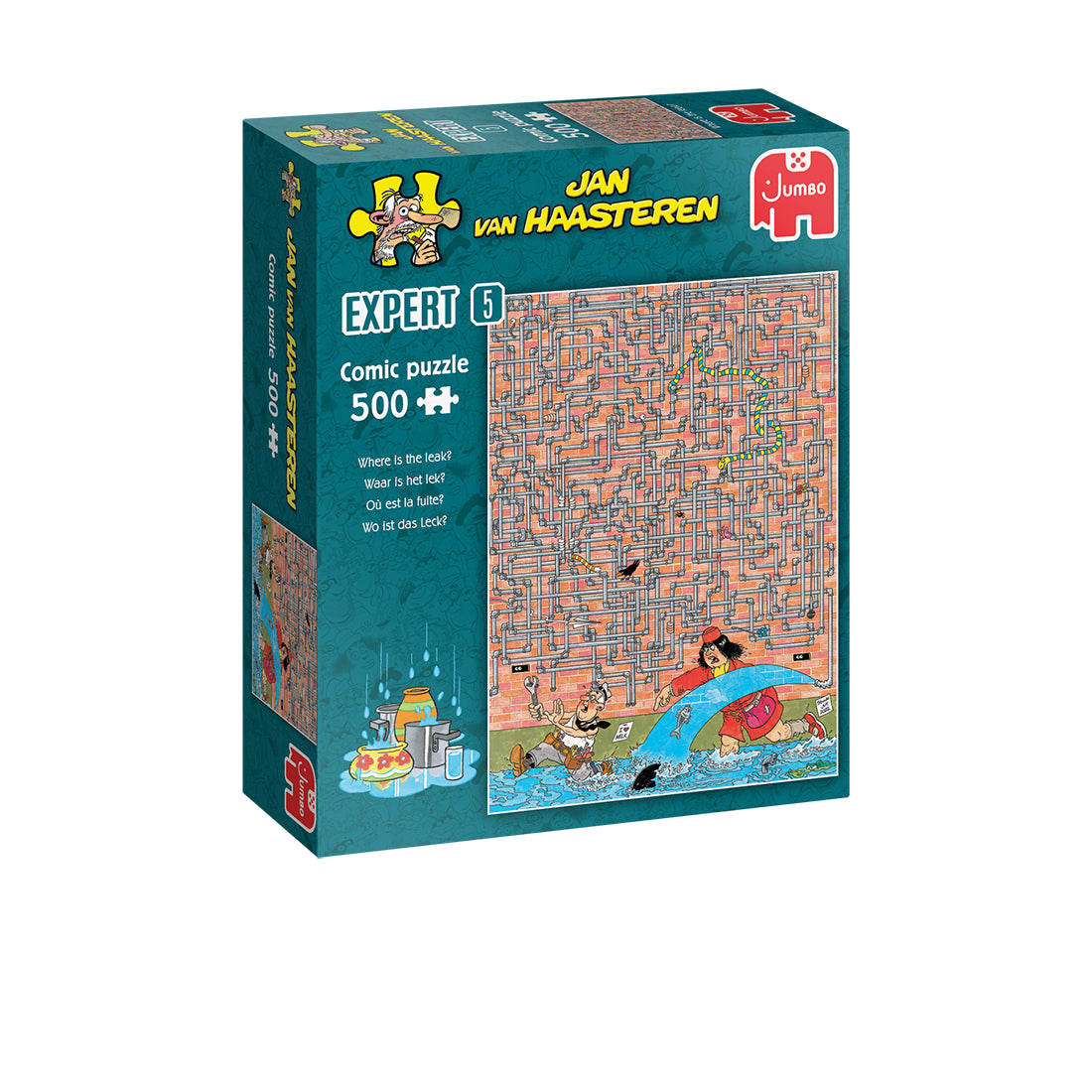 Jan van Haasteren &quot;Where is the Leak?&quot; 500-piece comic puzzle box, depicting a chaotic scene of leaking pipes