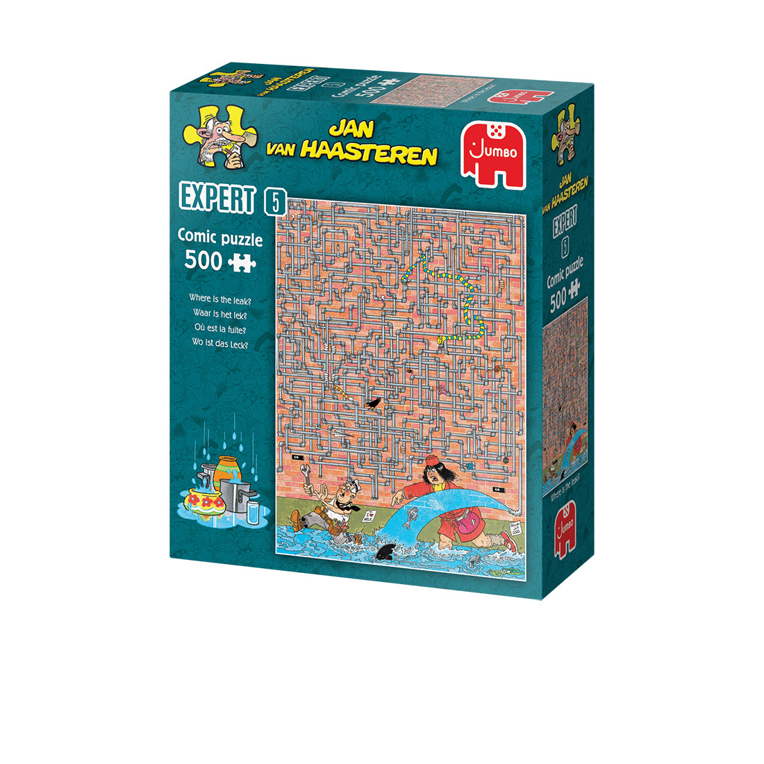 Jan van Haasteren 500-piece puzzle box: &quot;Where is the leak?&quot; comic scene with gushing pipes and two struggling characters