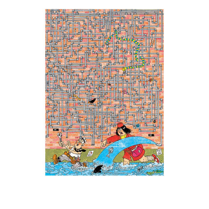 Cartoon plumbing maze on a brick wall. A frantic plumber and an angry woman wade through gushing water from a bursting pipe