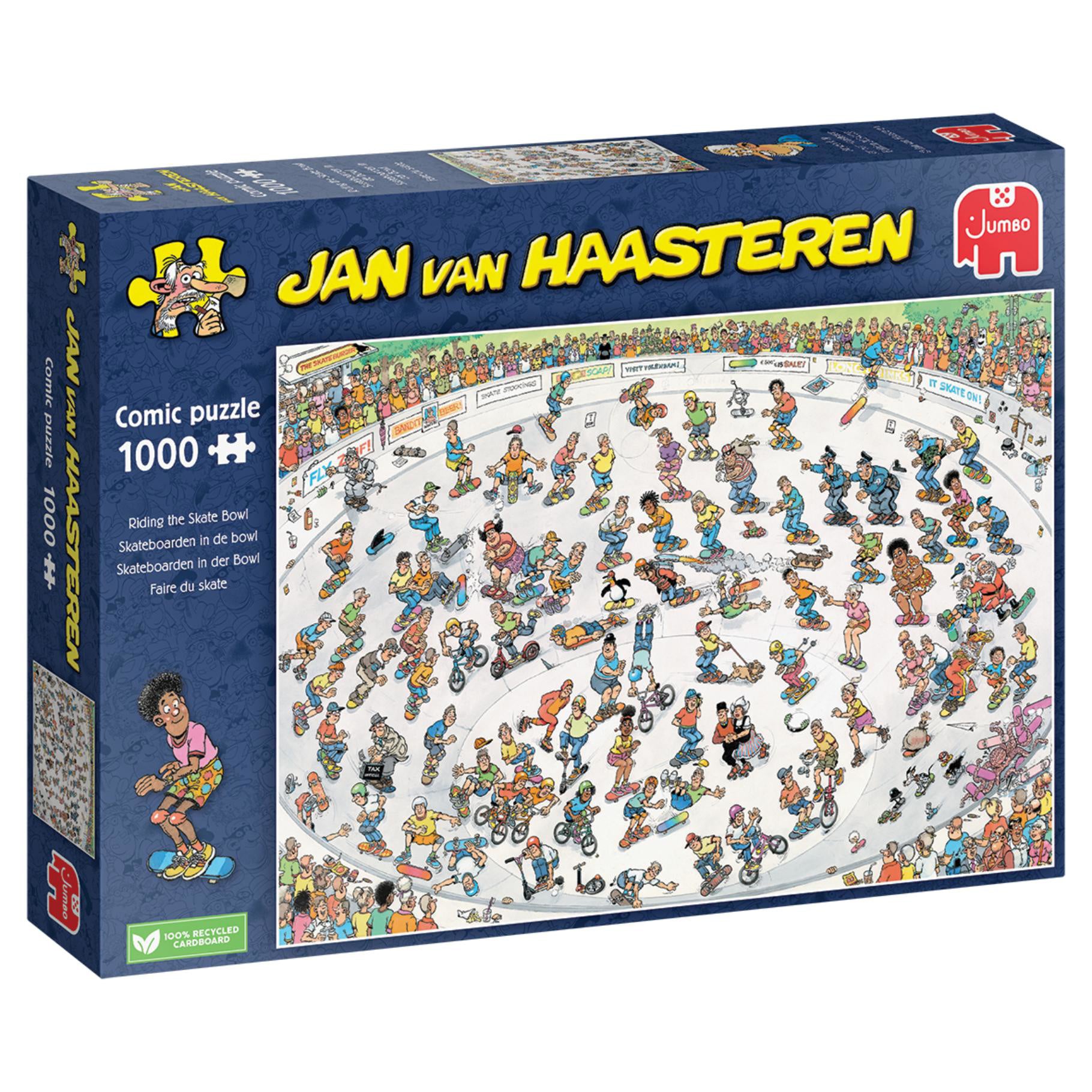 Jan van Haasteren 1000-piece puzzle box, "Riding the Skate Bowl," with a cartoon crowd skating and biking
