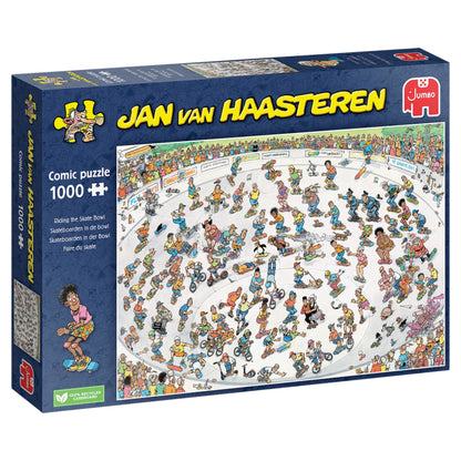 Jan van Haasteren 1000-piece puzzle box, "Riding the Skate Bowl," with a cartoon crowd skating and biking