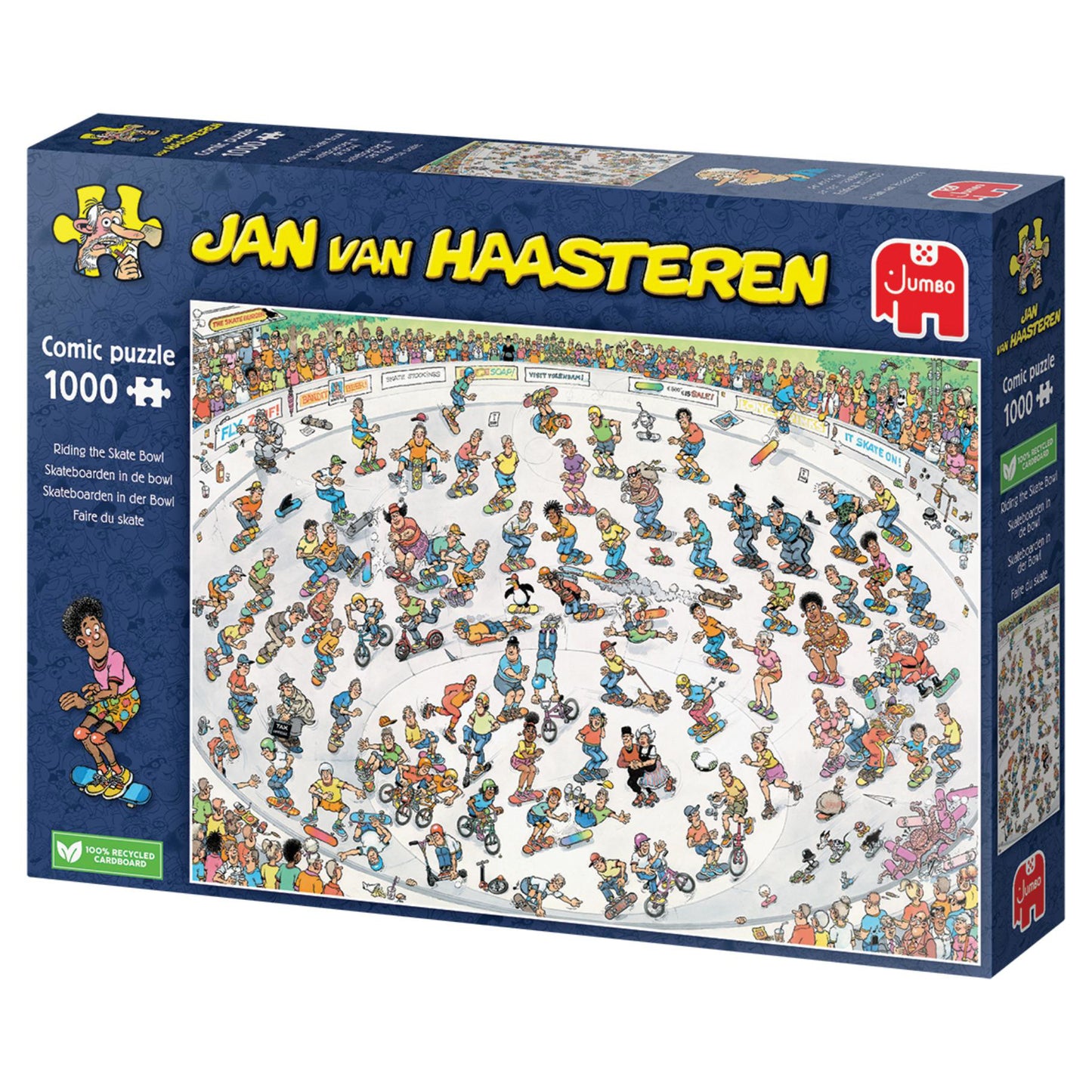 Jan van Haasteren comic puzzle box: chaotic skate bowl filled with people skateboarding, cycling, and falling