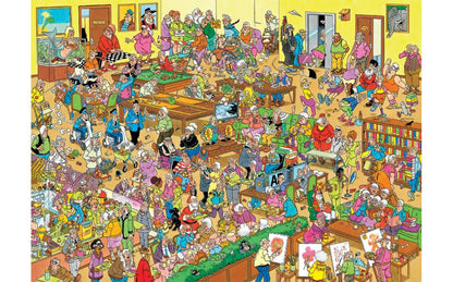 A crowded, lively cartoon of many elderly people enjoying various activities like games, art, and socializing in a community hall