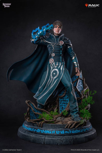 Jace Beleren statue from Magic: The Gathering, the planeswalker in blue and silver clothing casts blue magic, standing on a base with roots and glowing runes