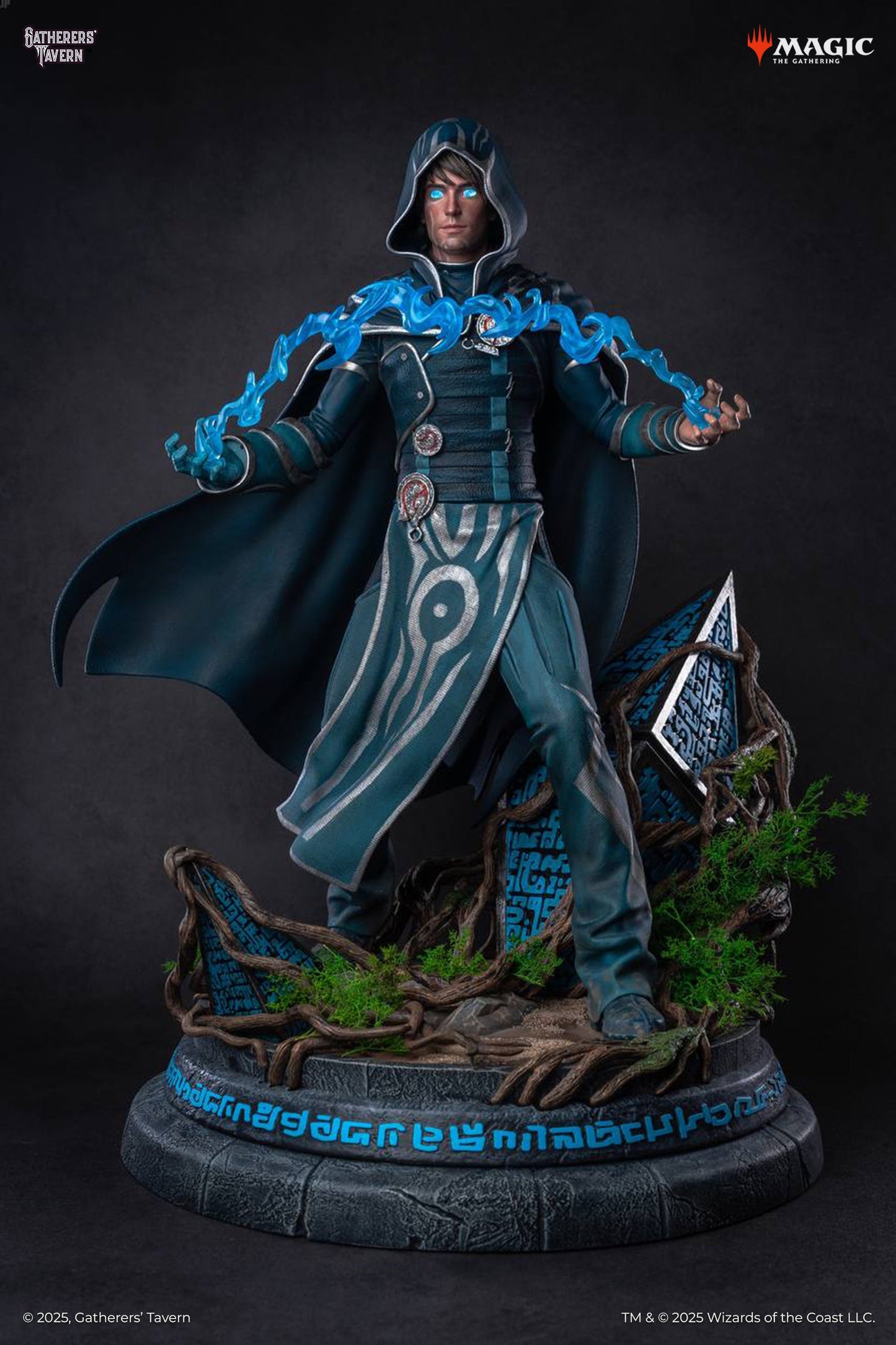 Jace Beleren statue, hooded, with glowing blue eyes and casting blue magic, stands on a base with ancient roots, a broken hedron, and glowing runes