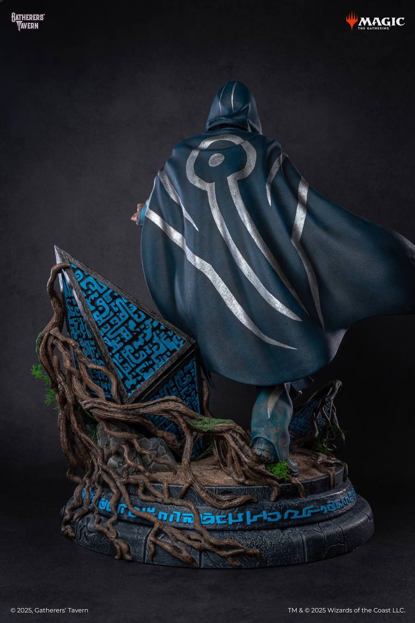 Magic: The Gathering Jace statue in a dark blue hooded cape with silver symbols, standing on a detailed base with gnarled roots, glowing blue runes, and a Hedron