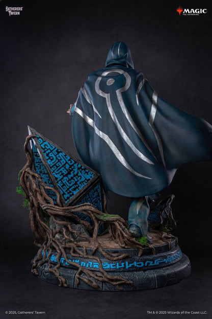 Magic: The Gathering Jace statue in a dark blue hooded cape with silver symbols, standing on a detailed base with gnarled roots, glowing blue runes, and a Hedron