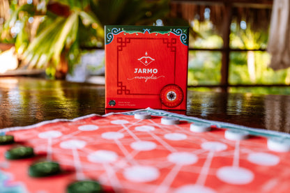 Wooden Jarmo game board with pieces arranged for play