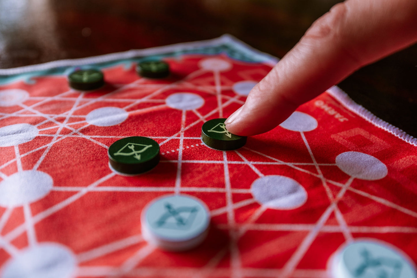 Top view of Jarmo game board with all components set for play