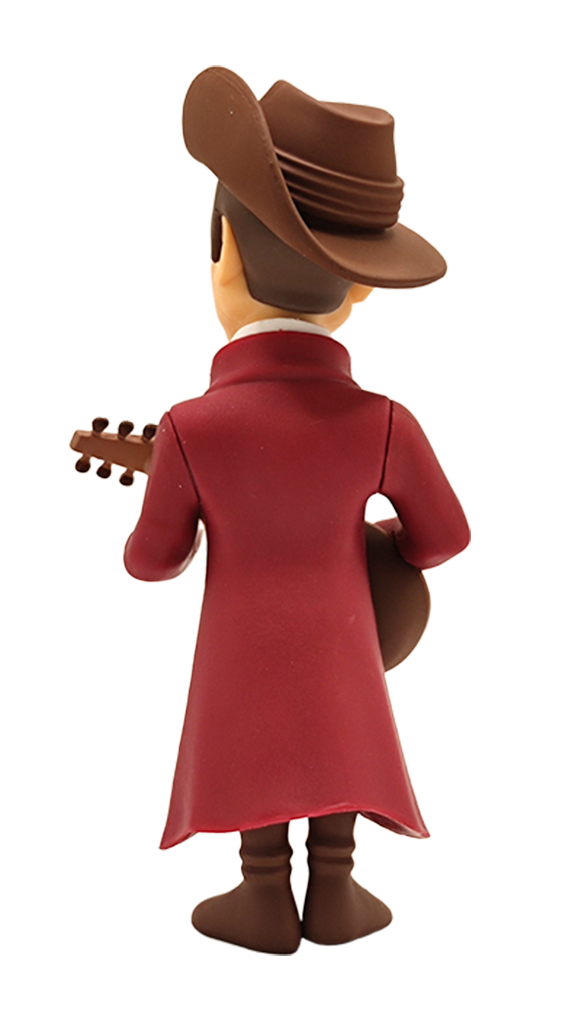 Back view of Minix The Witcher Jaskier collectible figure in a red coat and brown hat holding a lute perfect for fans and collectors