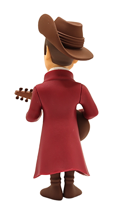 Back view of Minix The Witcher Jaskier collectible figure in a red coat and brown hat holding a lute perfect for fans and collectors