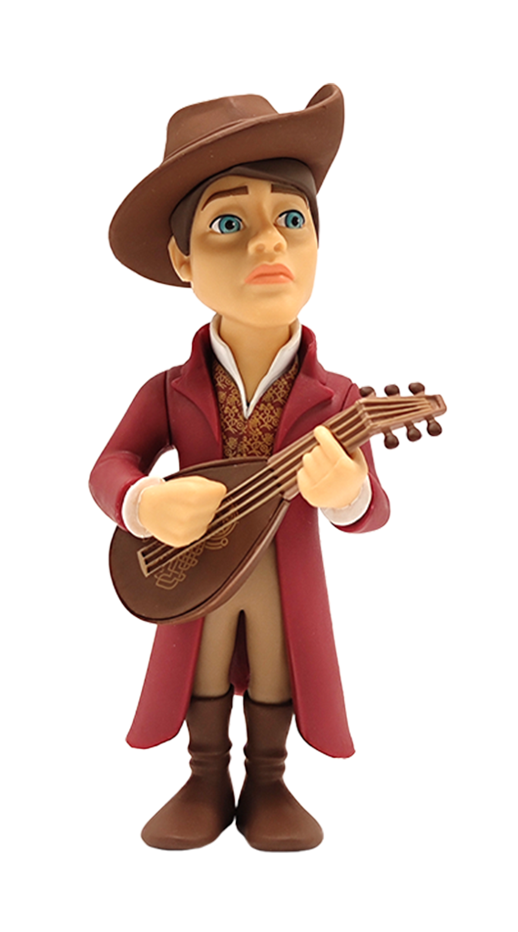 Minix The Witcher Jaskier collectible vinyl figure in a brown hat red coat and patterned vest holding a brown lute