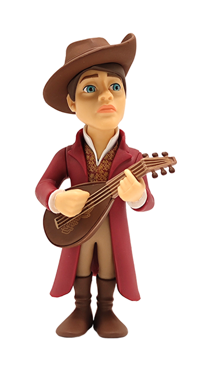 Minix The Witcher Jaskier collectible vinyl figure in a brown hat red coat and patterned vest holding a brown lute