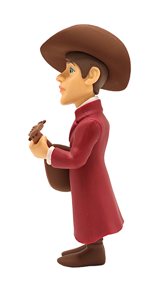 Side view of Minix The Witcher Jaskier collectible figure in a red coat and brown hat holding a lute perfect for fans and collectors