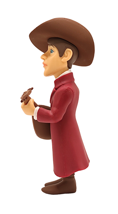 Side view of Minix The Witcher Jaskier collectible figure in a red coat and brown hat holding a lute perfect for fans and collectors