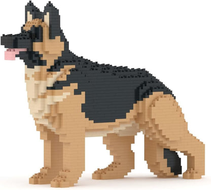 Side view of black and tan German Shepherd dog built from small blocks, standing, pixelated pet figure