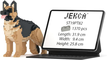 Side view of black and tan German Shepherd dog built from small blocks, standing, pixelated pet figure, next to a tablet showing JEKCA ST19PT82, 1370 pieces, and dimensions