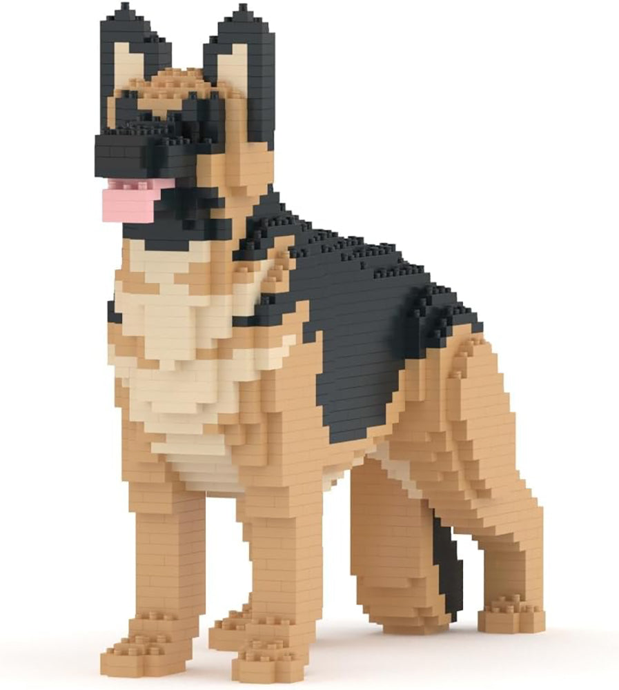 Black and tan German Shepherd dog built from small blocks, standing, pixelated pet figure
