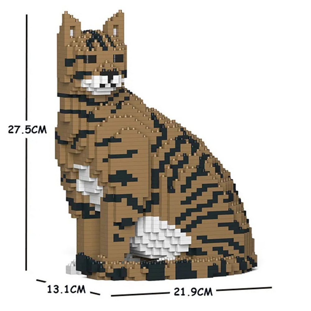A brown and black striped block-built cat figure sits, featuring white accents and overlaid dimensions