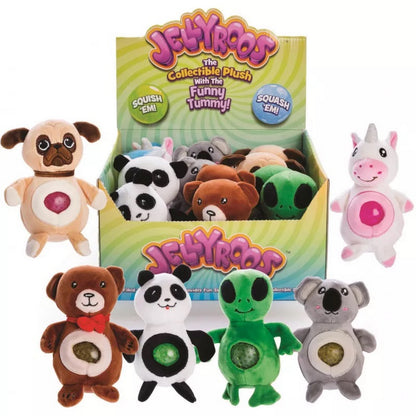 Jellyroos plush toys display featuring various animals like a pug, unicorn, bear, and alien, each with a squishy jelly belly