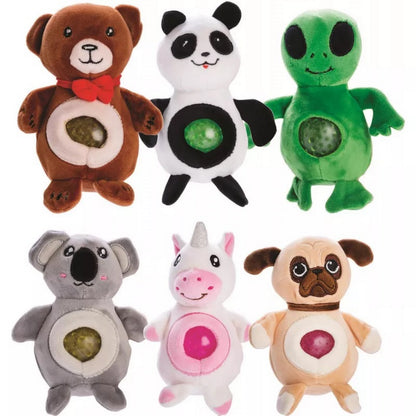 Six plush toys (bear, panda, alien, koala, unicorn, pug), each with a clear belly window showing a squishy, textured ball