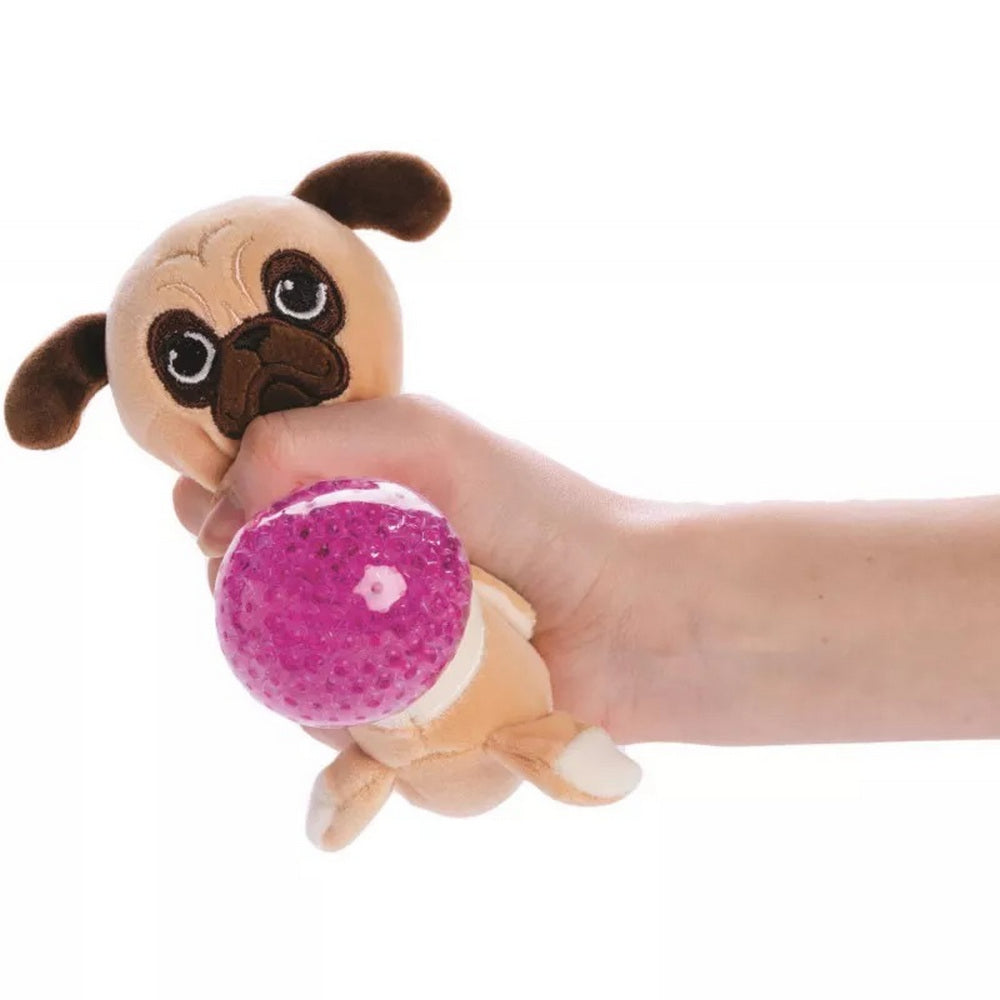 Hand squeezes a tan pug plush toy with a purple beaded stress ball body