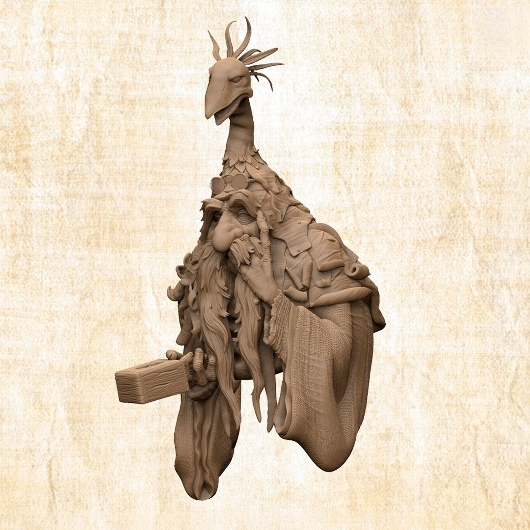 A 3D render of a mystical bird-headed sage with a long beard, holding a wooden block and contemplating.